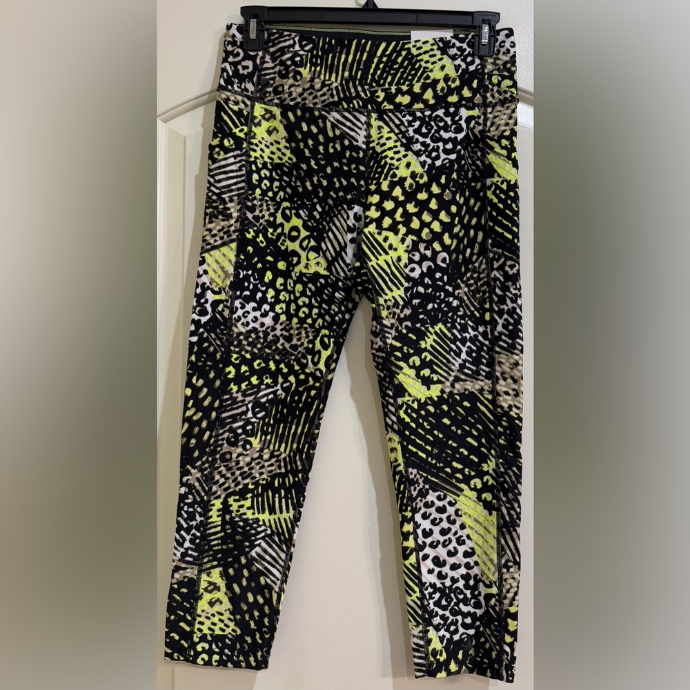 Calvin Klein Performance Black, White, Tan, and Yellow/Green Patterned Leggings